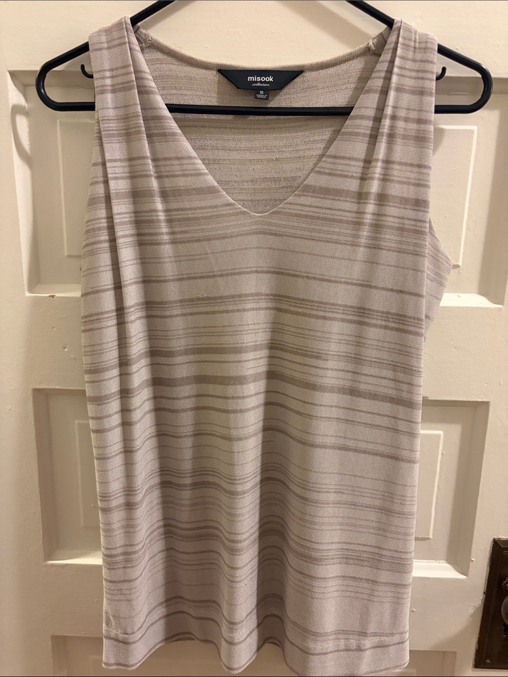 Misook Taupe-Striped V-Neck Sleeveless Tank